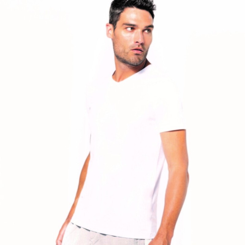 T-shirt homme col V stretch en coton élasthanne, 160 g/m²
