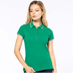 Polo femme en coton piqué, col et manches tricolores, 220 g/m²