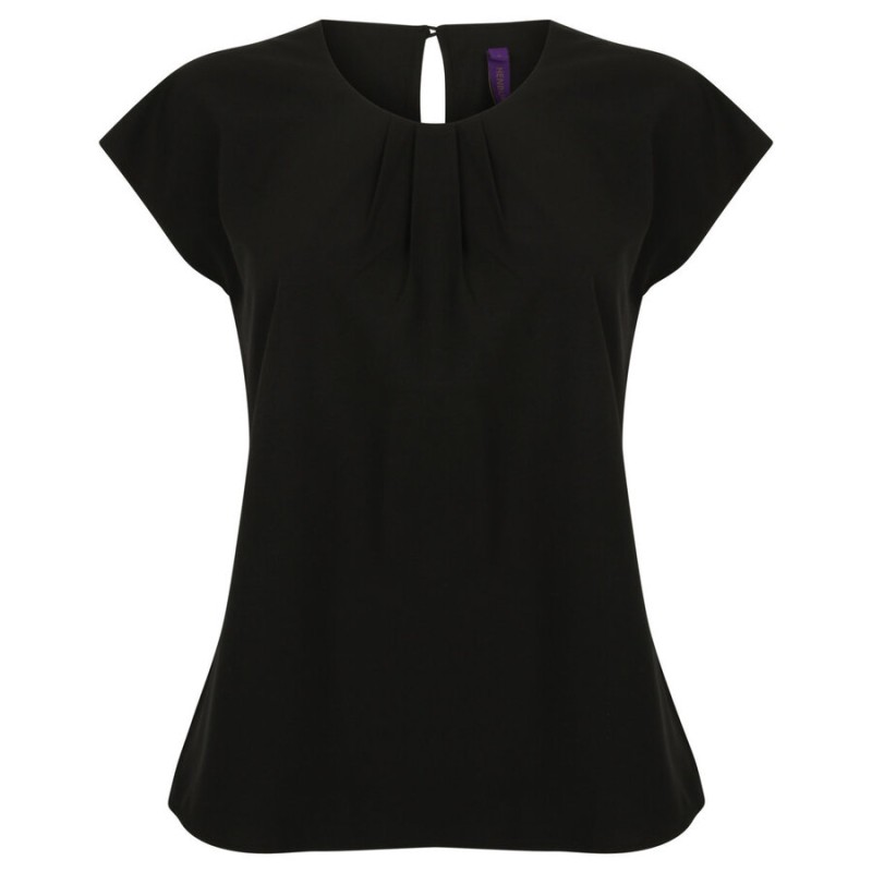 Blouse top femme manches courtes col plissé, 115 g/m²