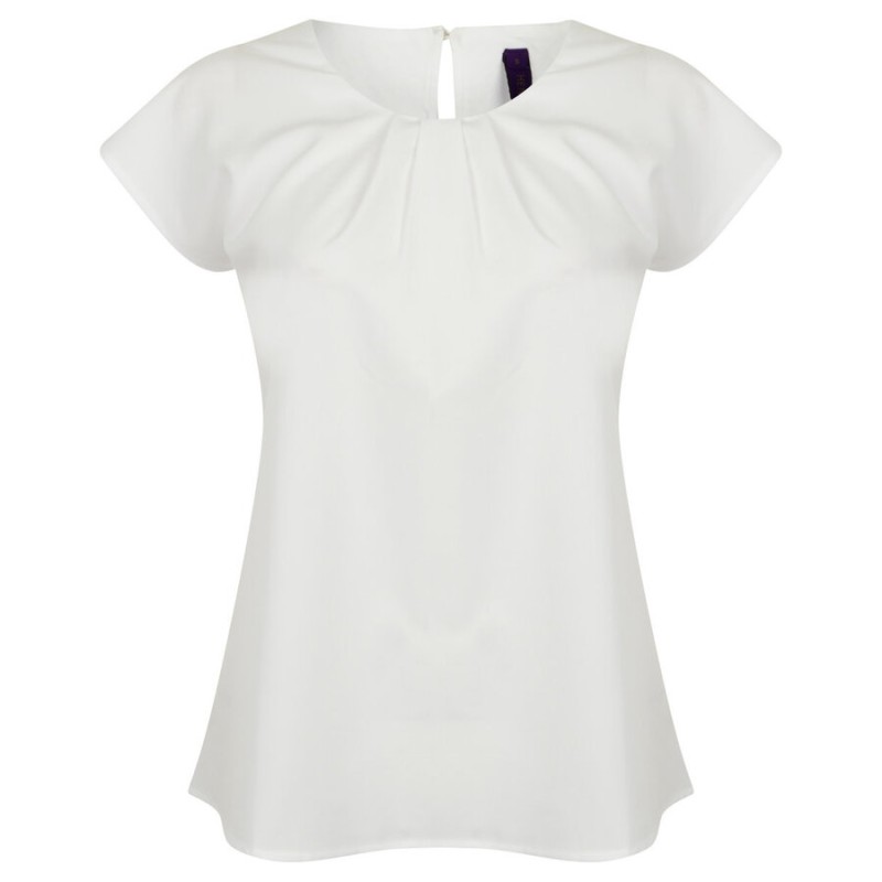 Blouse top femme manches courtes col plissé, 115 g/m²