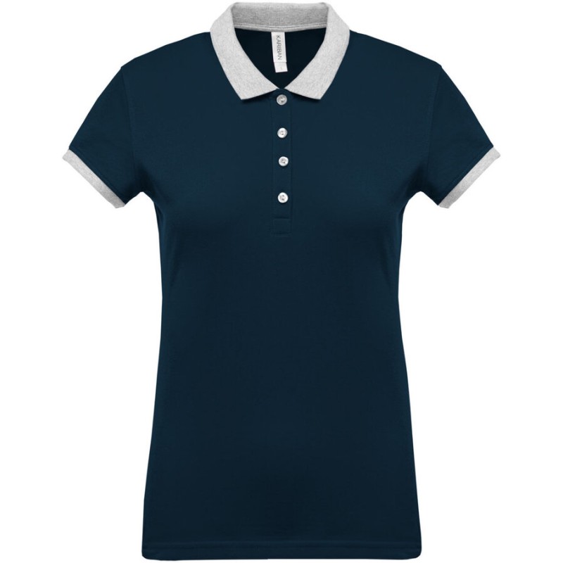 Polo femme en coton piqué bicolore manches courtes, 180 g/m²