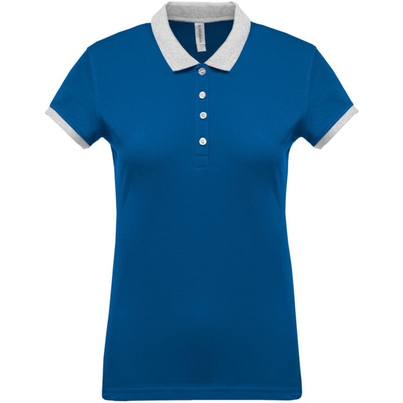 Polo femme en coton piqué bicolore manches courtes, 180 g/m²