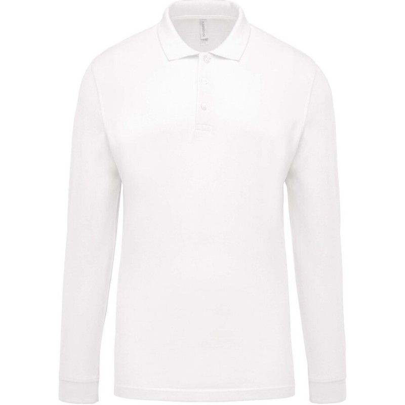 Polo homme en coton piqué manches longues, coupe droite, 180 g/m²