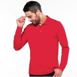 Polo homme en coton piqué manches longues, coupe droite, 180 g/m²