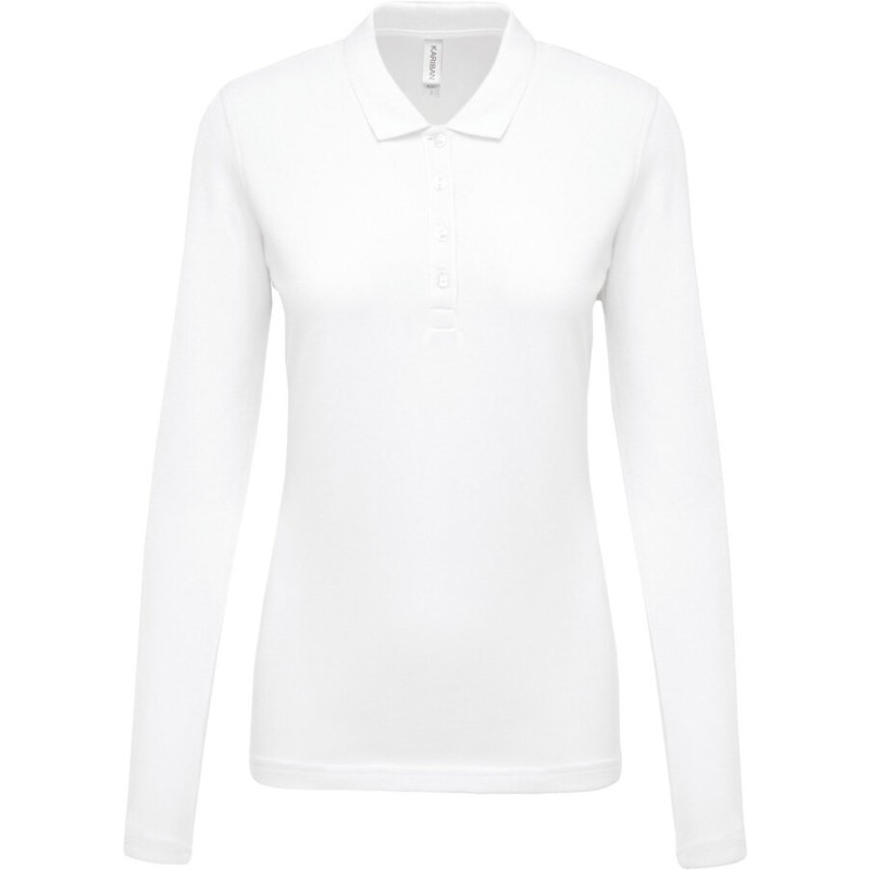 Polo femme en coton piqué manches longues, coupe cintrée, 180 g/m²