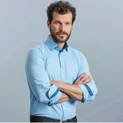 Chemise contrastée à chevrons cintrée manches longues, 130 g/m²