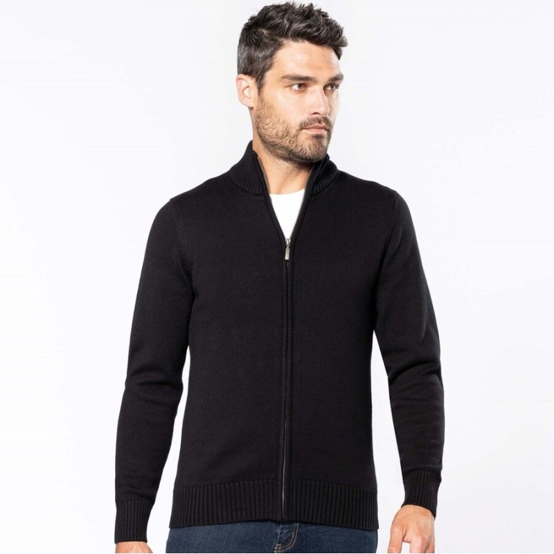 Cardigan zippé chaud en coton, col cheminé, 425 g/m²