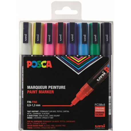 Pochette 8 feutres couleurs basiques POSCA pointe fine 0.9-1.3 mm conique