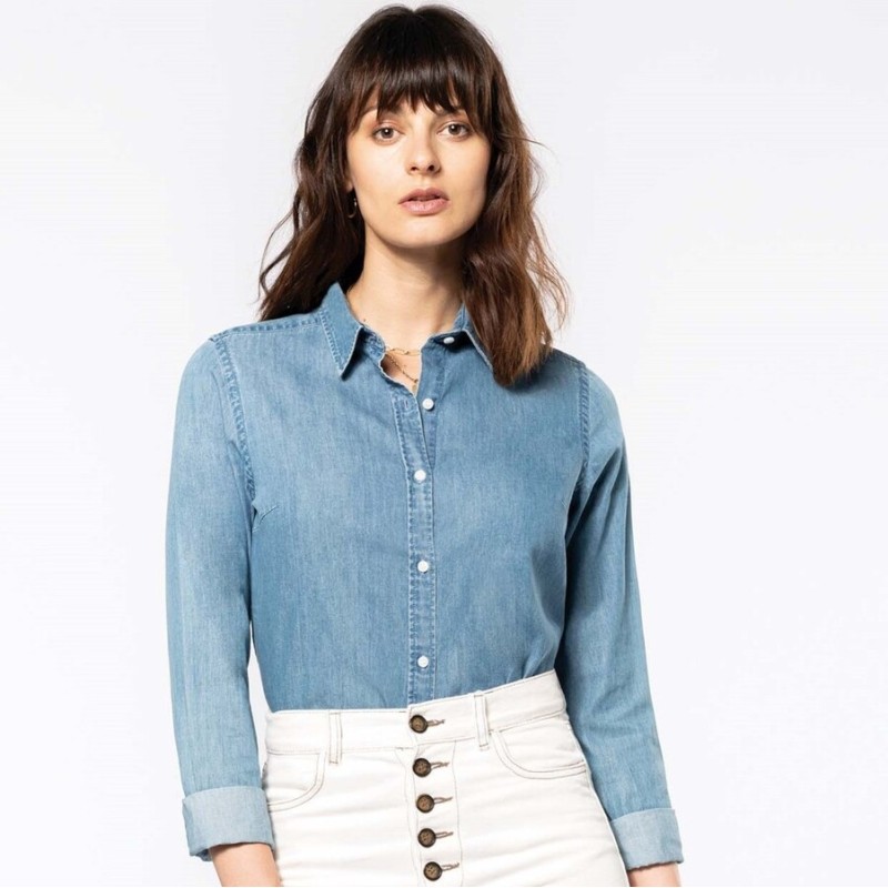 Chemise denim femme souple et confortable, coupe ajustée, 160 g/m²