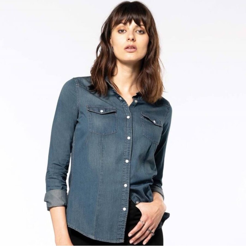 Chemise denim aspect délavé femme, excellente imprimabilité, 150 g/m²