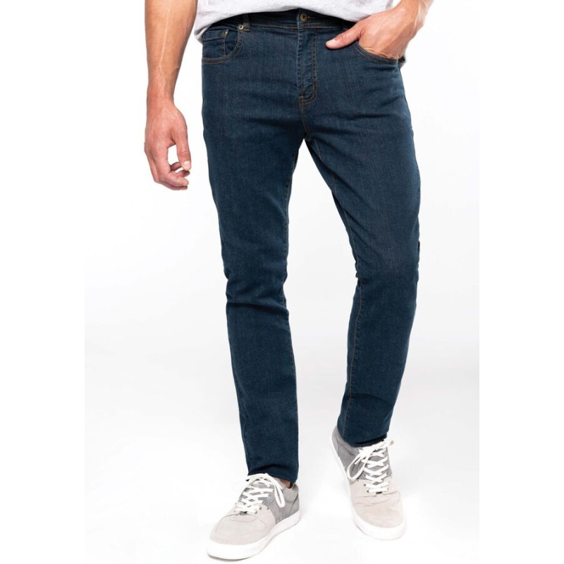 Jean basic en coton bleu denim vieilli moderne et confortable, 390 g/m²