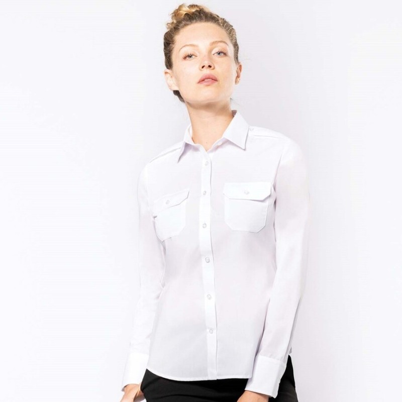 Chemise pilote manches longues femme, 2 poches poitrine, 115 g/m²