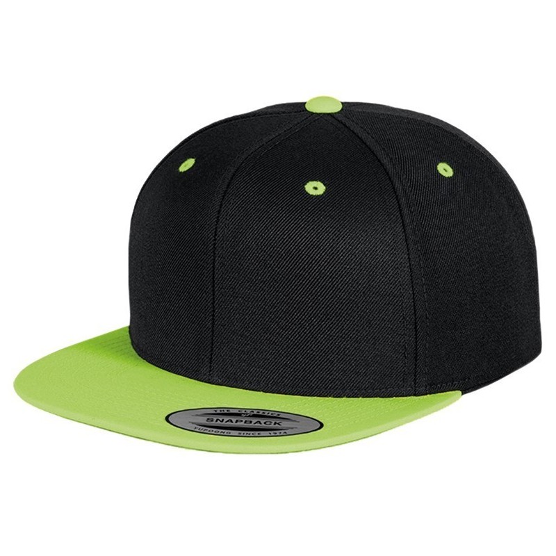 Casquette 6 panneaux snapback bicolore en laine mélangée, 380 g/m²