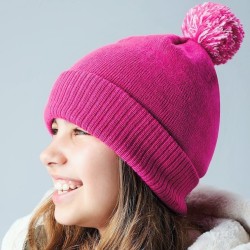 Bonnet d'hiver enfant doublé, revers à maille avec pompon