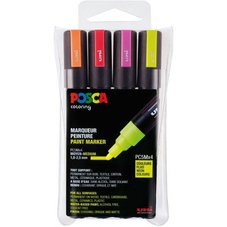 Set de 4 feutres couleurs fluo POSCA pointe médium 1.8-2.5 mm conique