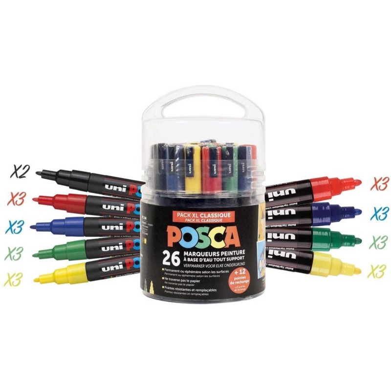 Pack XL couleurs classiques avec 26 marqueurs POSCA et 12 pointes de rechange