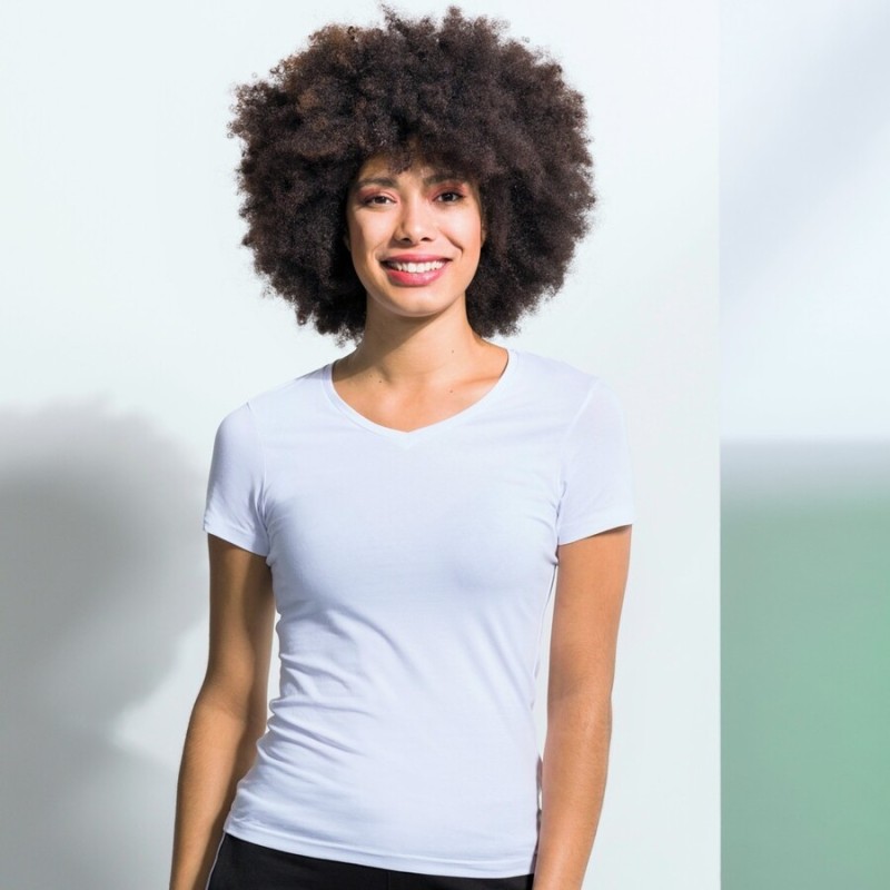 T-shirt stretch femme col V en coton et élasthanne, 165 g/m²