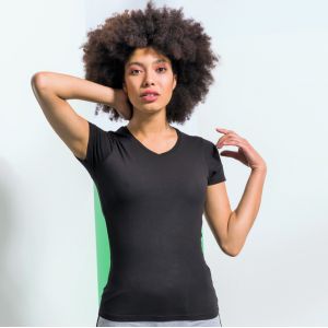 T-shirt stretch femme col V en coton et élasthanne, 165 g/m²