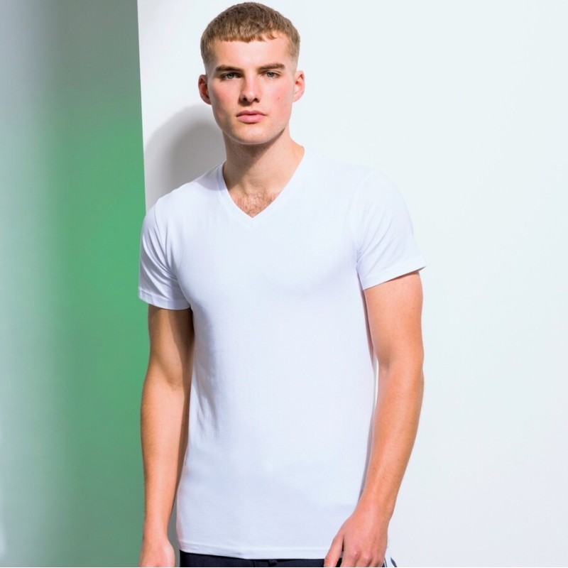 T-shirt stretch homme col V en coton et élasthanne, 165 g/m²