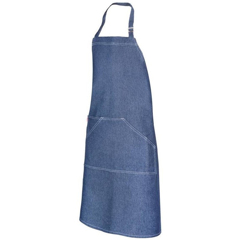 Tablier à bavette long en denim, 2 poches avant, 260 g/m²