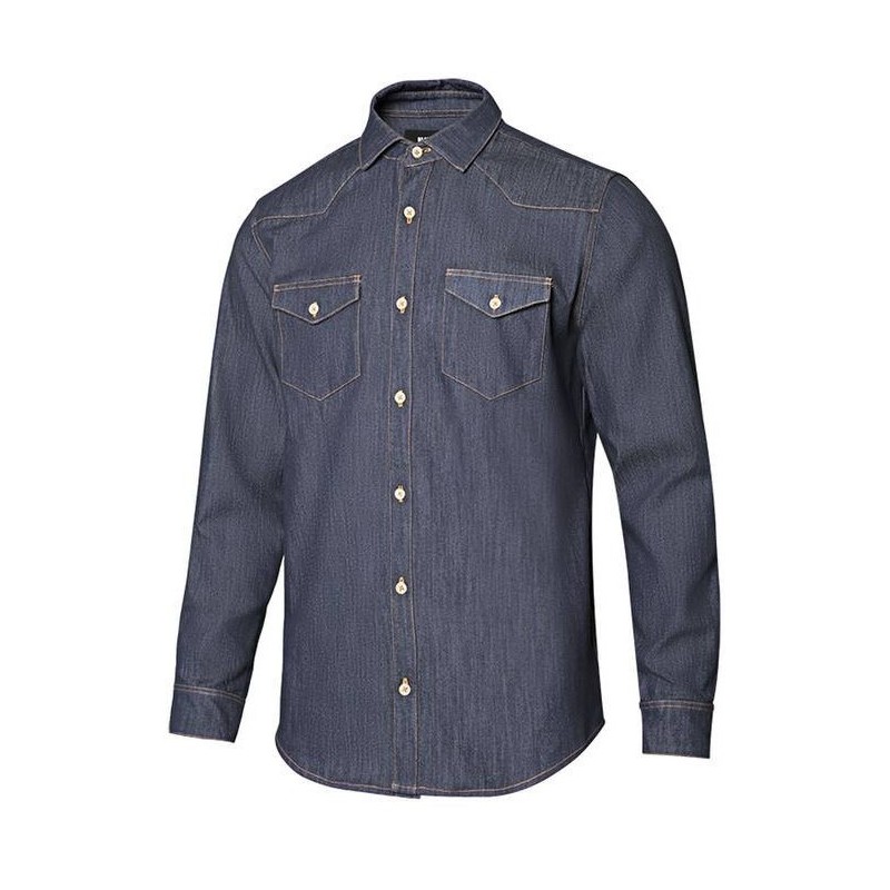 Chemise stretch en denim homme manches longues, col italien, 180 g/m²