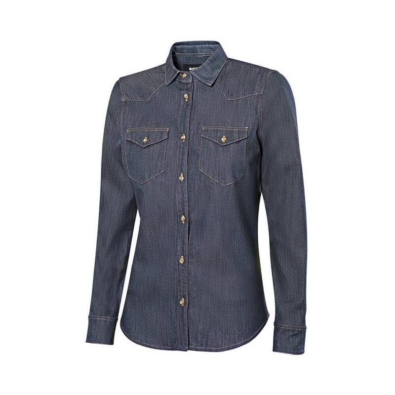 Chemise stretch en denim femme manches longues, col italien, 180 g/m²