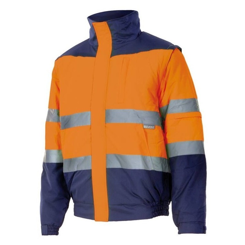 Blouson matelassé bicolore haute visibilité imperméable, capuche dans le col, 190 g/m²