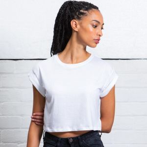 T-shirt femme court en coton bio avec manches retroussées, 130 g/m²