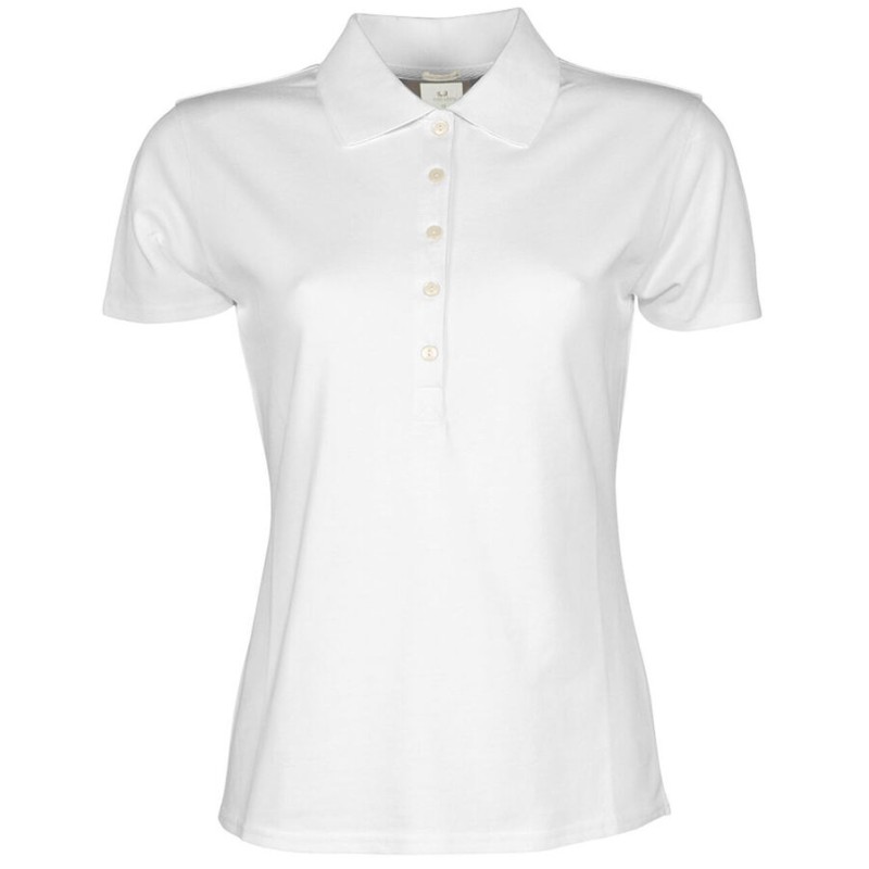 Polo femme stretch en coton ringspun, col plat en lycra, 215 g/m²