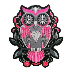 Grand patch brodé thermocollant HIBOU CHOUETTE ROSE FLUO ARGENT