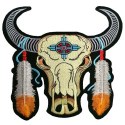 Grand patch brodé thermocollant SKULL CRANE DE BISON PLUME INDIEN