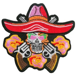 Petit patch brodé thermocollant SKULL CRANE MEXICAIN SOMBRERO REVOLVER