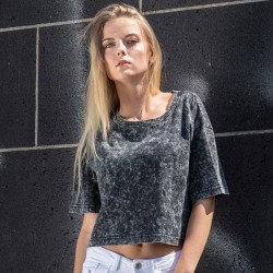 T-shirt femme crop-top en coton délavé, lavage spécial pour effet batik, 170 /m²