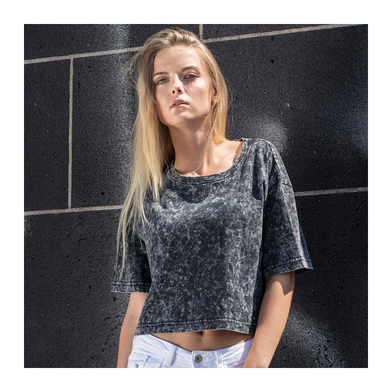 T-shirt femme crop-top en coton délavé, lavage spécial pour effet batik, 170 /m²