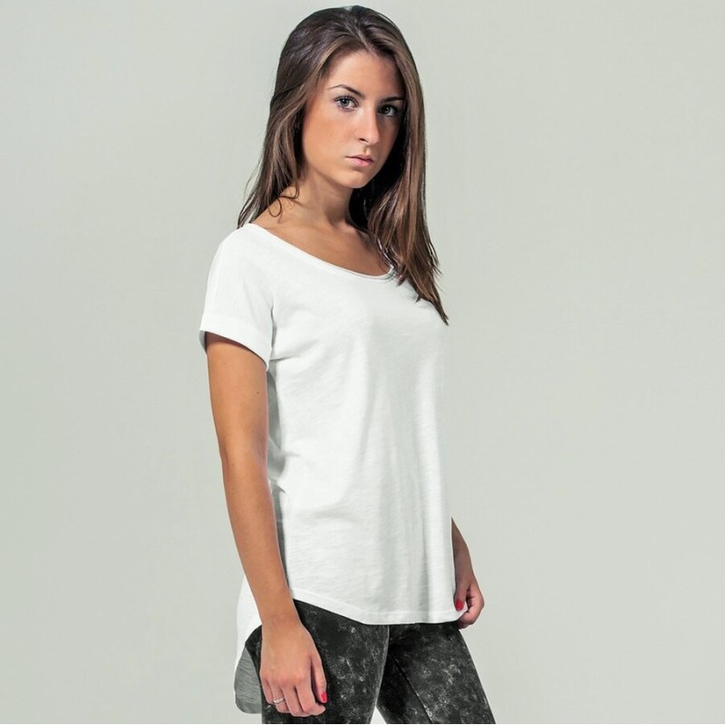 T-shirt femme en coton coupe longue, col rond slub, manches oversize