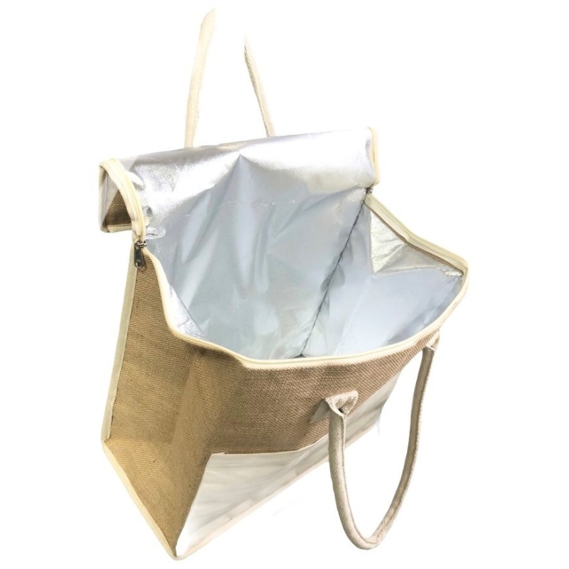 sac isotherme écologique en jute, poche et anses en coton