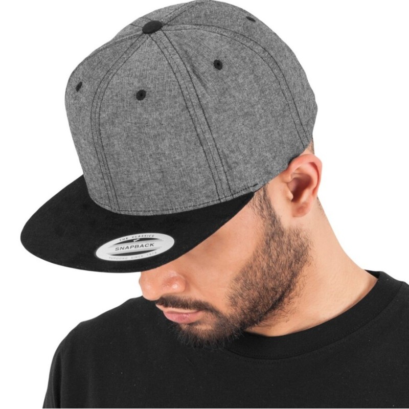 Casquette snapback 6 panneaux, effet daim Chambray, visière plate