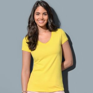 T-shirt femme col V côtelé en coton ringspun NO LABEL, 145 g/m²