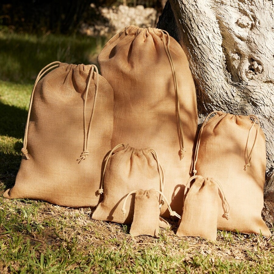 Sac de rangement en toile de jute fermeture par cordelette